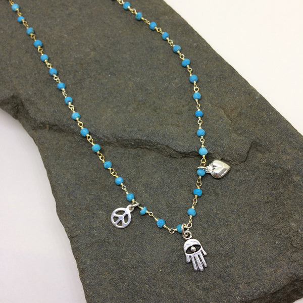 Peace, Love & Hamsa Turquoise Wrap Bracelet & Necklace
