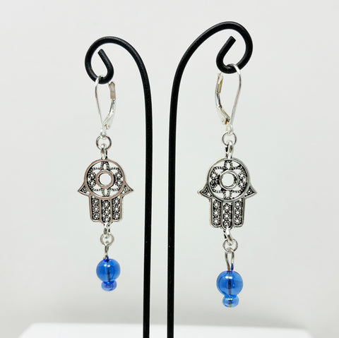 Hamsa with Blue Bead Earrings