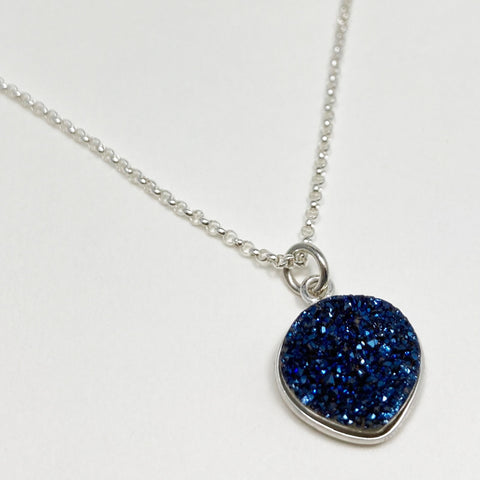 Blue Druzy Necklace & Sterling Silver Chain