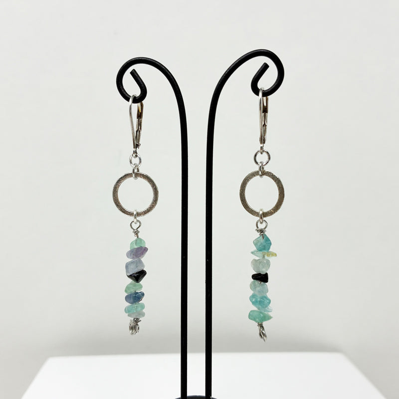 Aquamarine Hanging Gems with Brushed Silver Circle Earrings