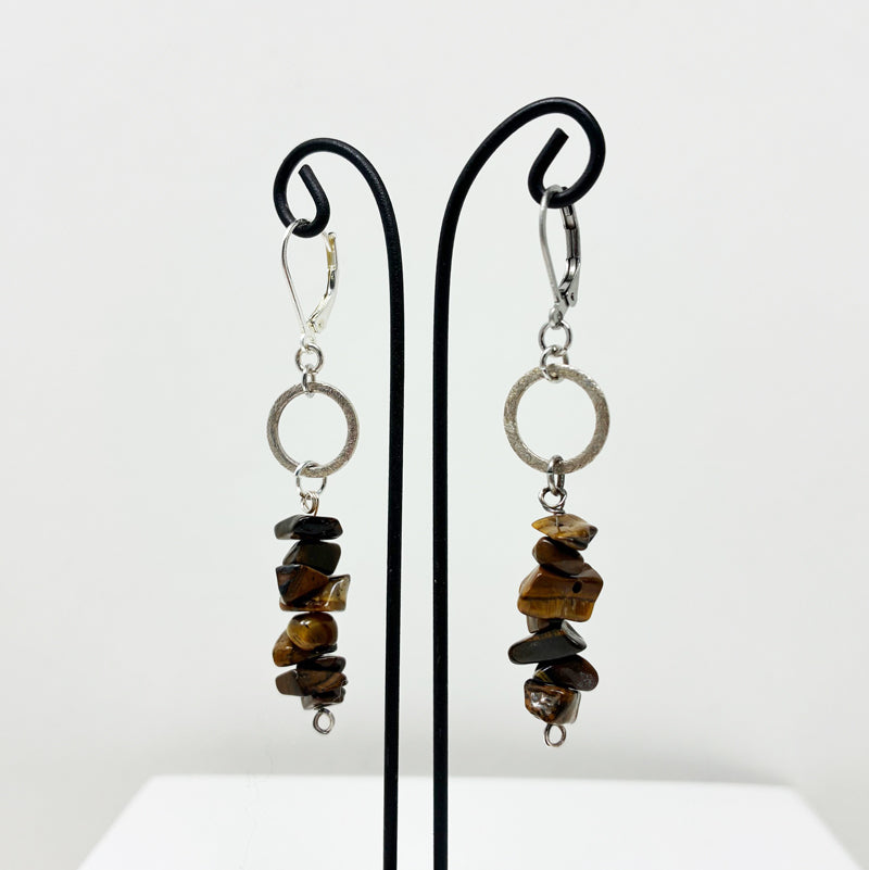 Tiger's Eye Hanging Gems with Brushed Silver Circle Earrings