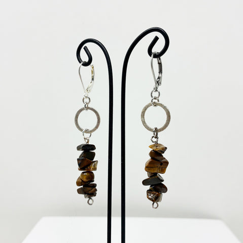 Tiger's Eye Hanging Gems with Brushed Silver Circle Earrings