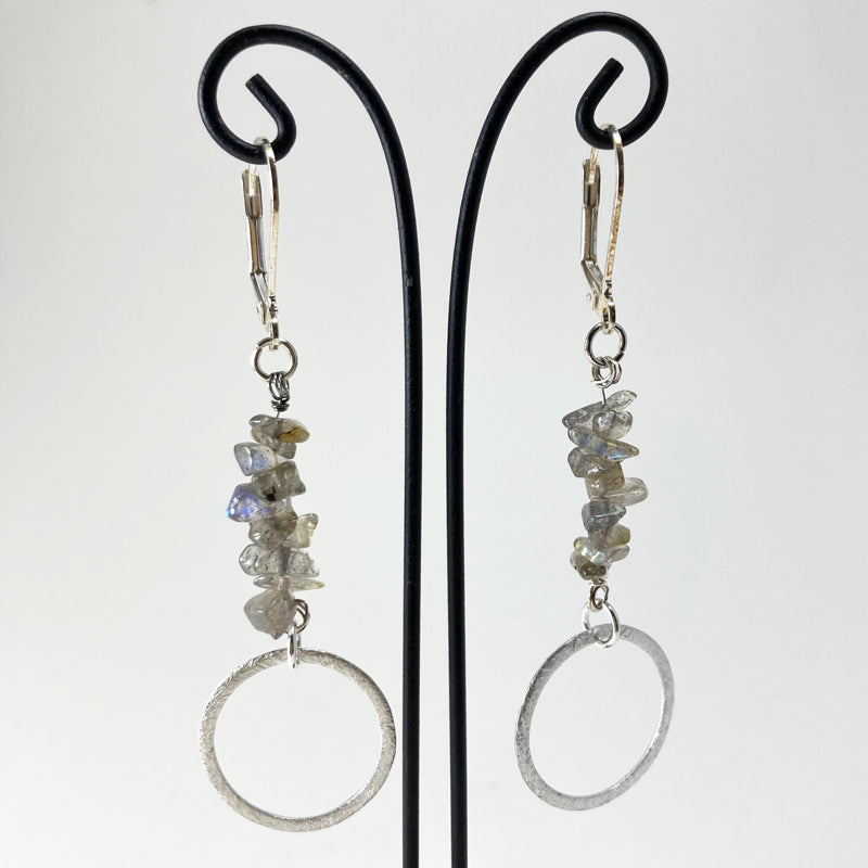 Hanging Gems with Brushed Silver Circle - Aquamarine, Labradorite or Tiger's Eye