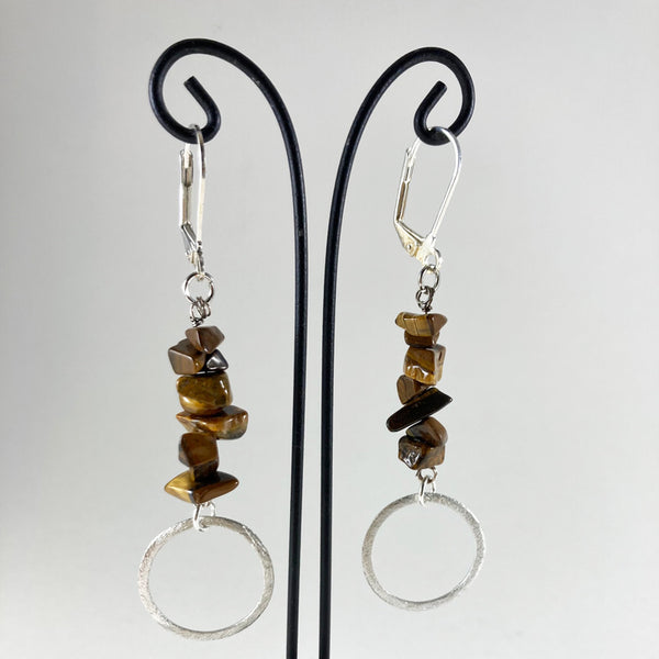 Hanging Gems with Brushed Silver Circle - Aquamarine, Labradorite or Tiger's Eye