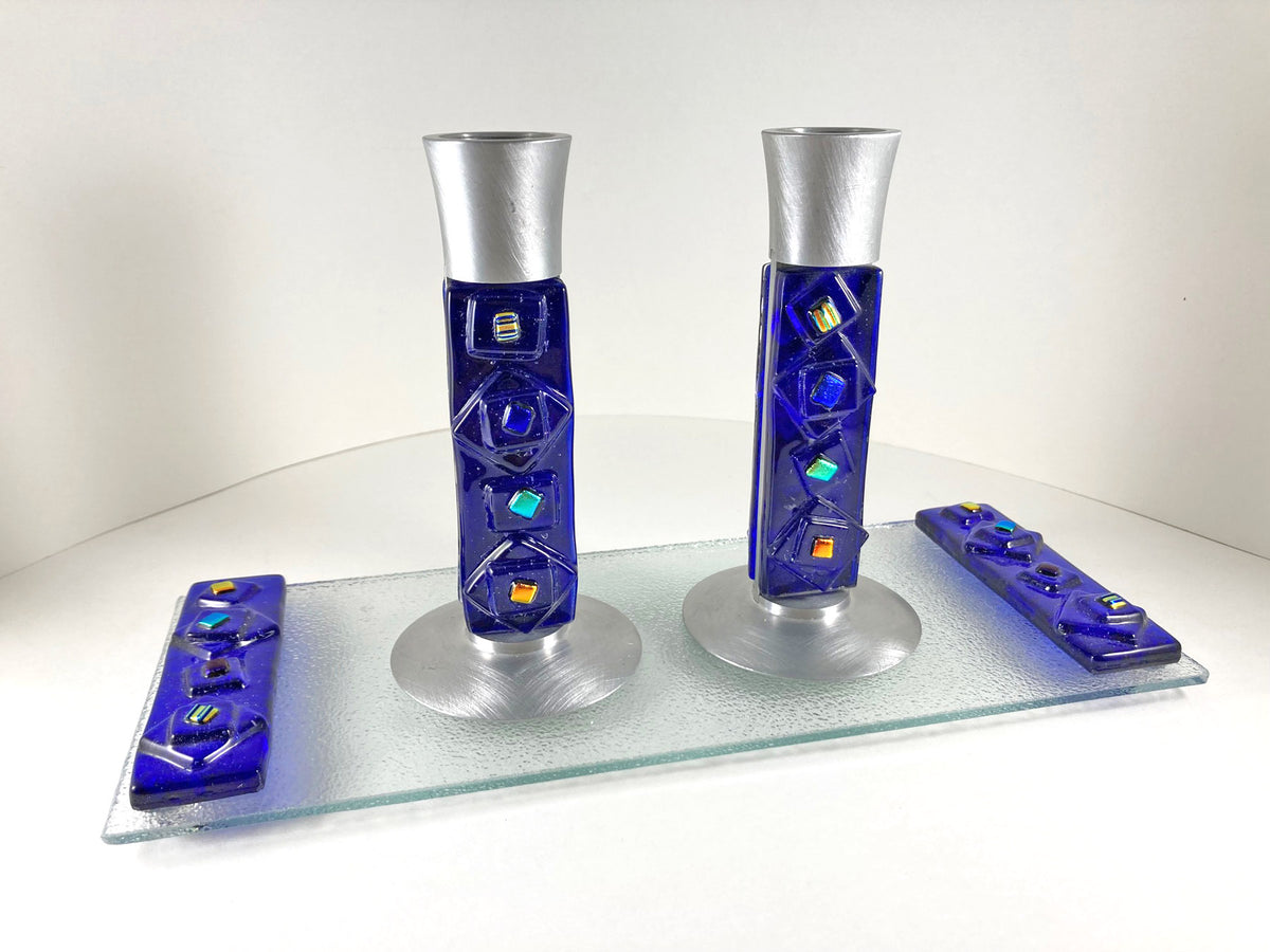 Candlesticks and Drip Plate Cobalt Blue Fused Glass – Beames Designs