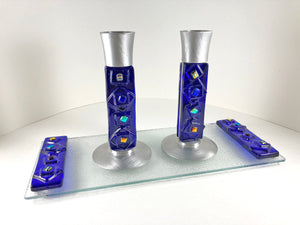 Candlesticks and Drip Plate Cobalt Blue Fused Glass