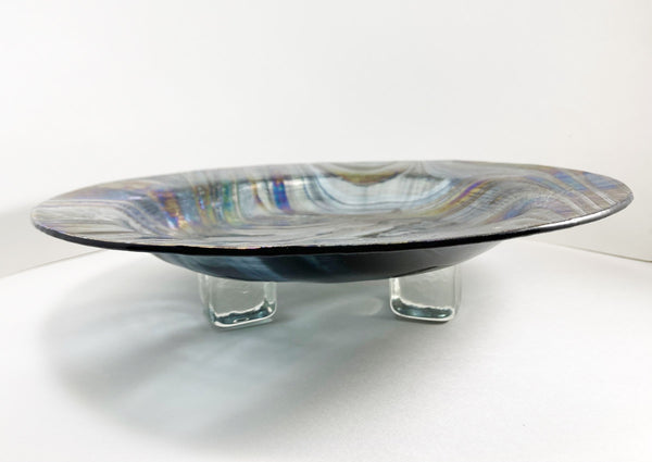 Iridized Shallow Bowl with 3 Glass Block Feet