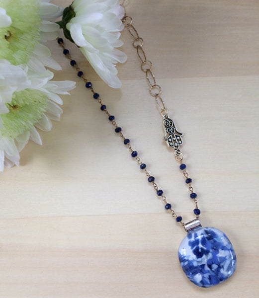 Stone Blue Cabochon with Duo Gem Stone & Large Silver Looped Chain & Hamsa