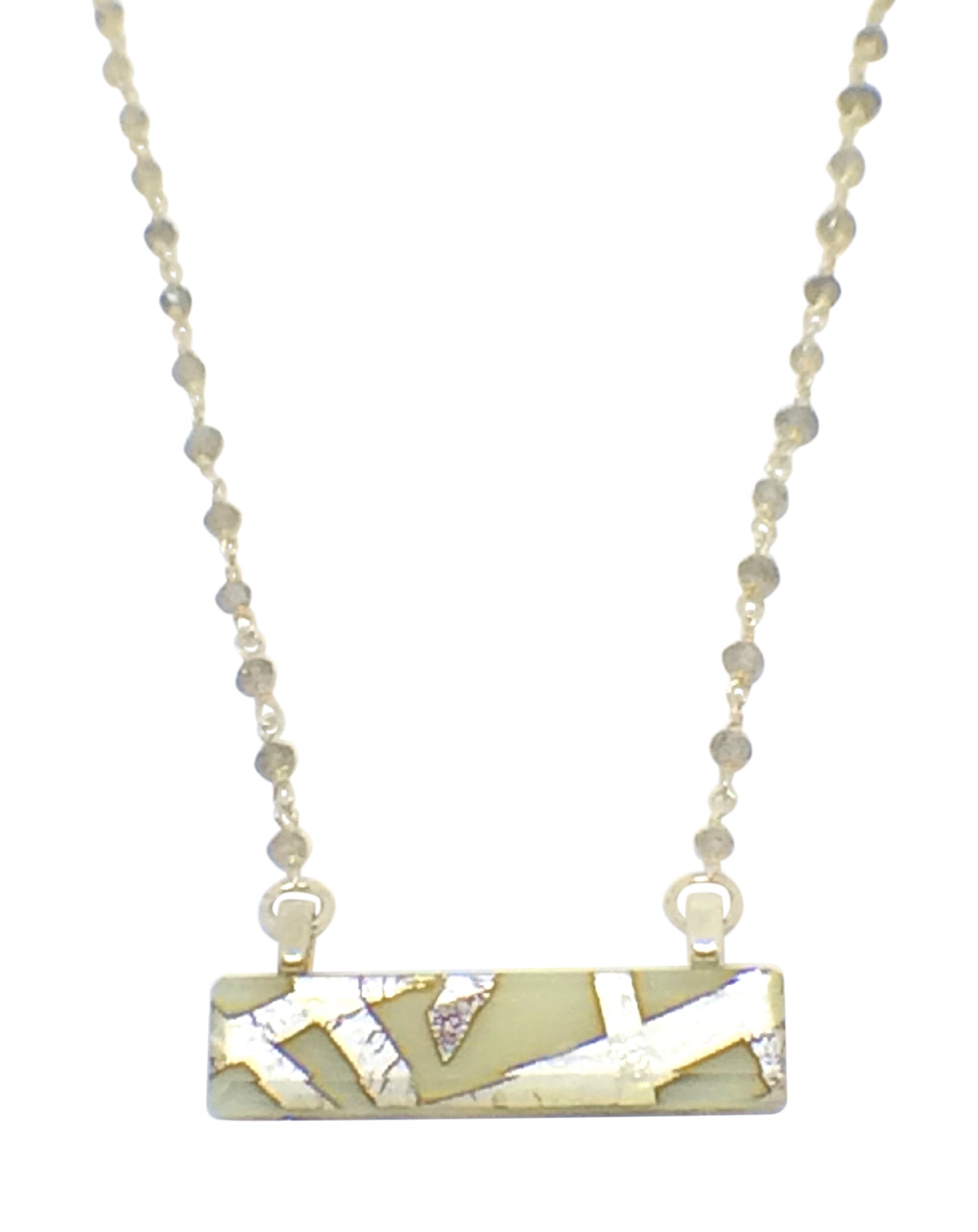 Cream Bar Necklace with Labradorite Gem Stone & Sterling Silver Chain