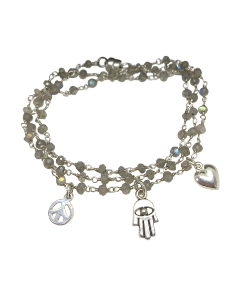 Peace, Love & Hamsa Labradorite Wrap Bracelet & Necklace