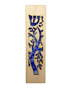 Mezuzah Laser Cut & Glass Tree of Life - Blue