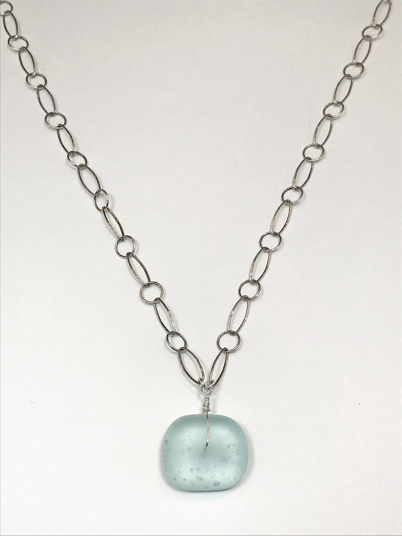 Aqua Beach Glass Necklace silver chain