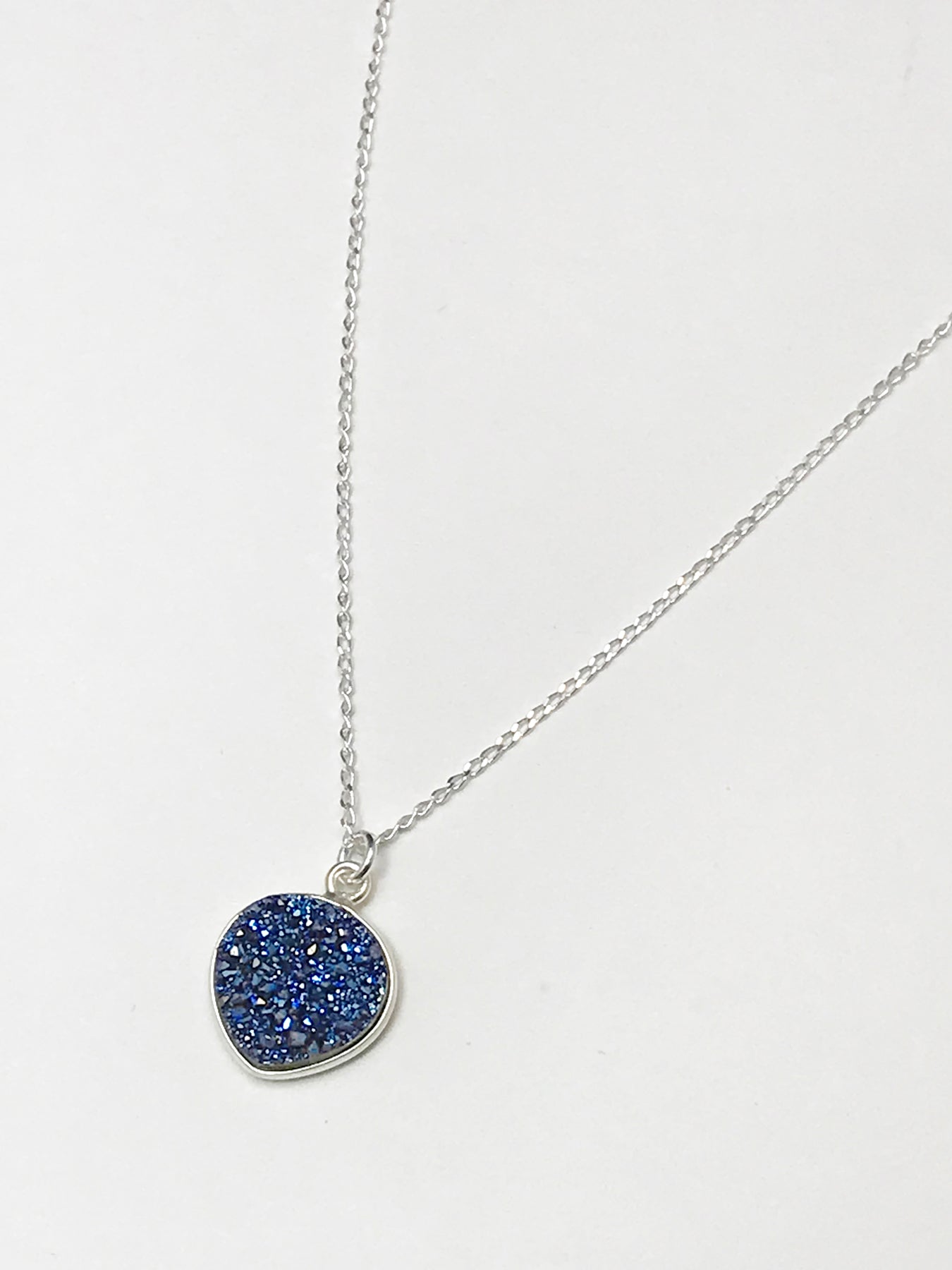 Blue Druzy Necklace & Sterling Silver Chain