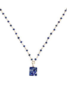 Tiny Fused Glass Stone Blue Necklace with Sterling Silver & Lapis Chain