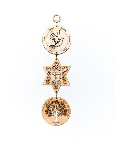 Dove, Jewish Star with Chai & Tree of Life - Triple Wall & Window Hanging