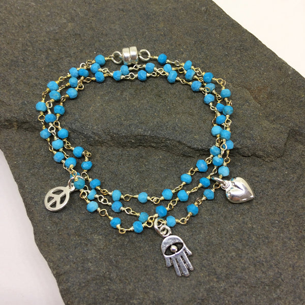 Peace, Love & Hamsa Turquoise Wrap Bracelet & Necklace
